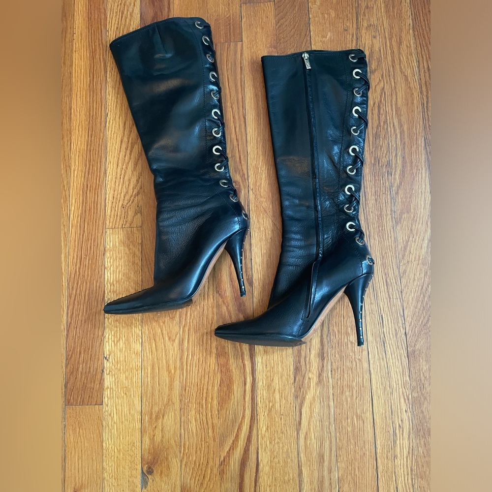 Yves Saint Laurent Black Heeled Boots with Gold Eyelets
